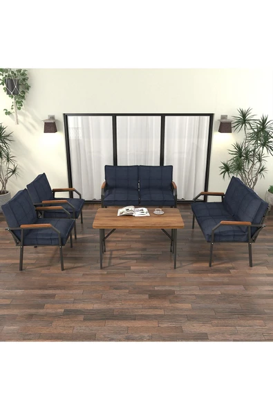 Mygusi Hayal Balkon Bahçe Cafe - Metal Kanepe Koltuk Takımı - 2 2 1 1 - 70x110 Cm Masalı - Lacivert