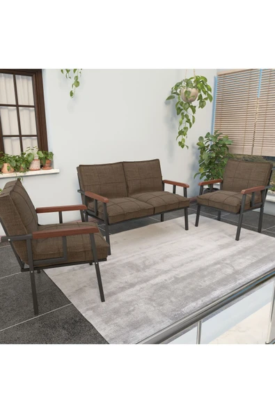 Mygusi Modern Serisi Balkon, Bahçe, Cafe - Metal Kanepe Koltuk Takımı - 2+1+1 - Kahverengi