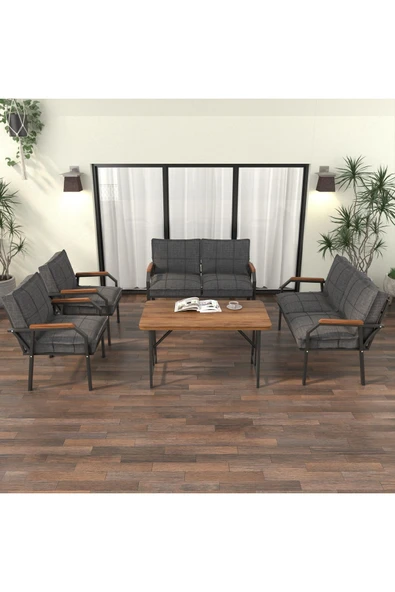 Mygusi Hayal Balkon Bahçe Cafe - Metal Kanepe Koltuk Takımı - 2 2 1 1 - 70x110 Cm Masalı - Koyu Gri