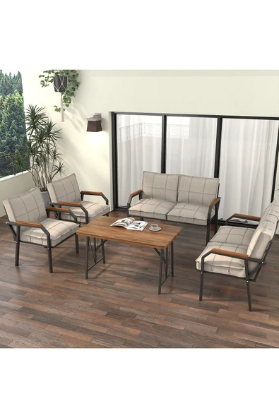 Mygusi Hayal Balkon Bahçe Cafe - Metal Kanepe Koltuk Takımı - 2 2 1 1 - 70x110 Cm Masalı - Krem - 2