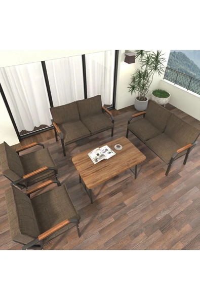 Mygusi Hayal Balkon Bahçe Cafe - Metal Kanepe Koltuk Takımı - 2 2 1 1 - 70x110 Cm Masalı - Kahverengi - 3