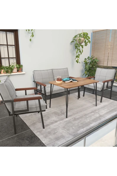 Mygusi Modern Serisi Balkon, Bahçe, Cafe - Metal Kanepe Koltuk Takımı - 2+1+1 60x90cm Masalı - Açık Gri - 3
