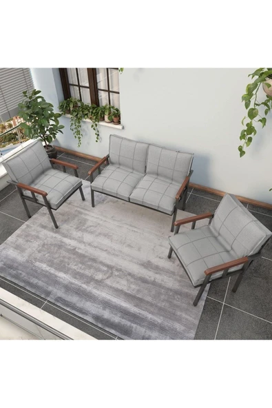 Mygusi Modern Serisi Balkon, Bahçe, Cafe - Metal Kanepe Koltuk Takımı - 2+1+1 - Açık Gri - 3