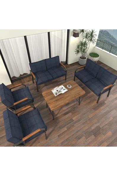 Mygusi Hayal Balkon Bahçe Cafe - Metal Kanepe Koltuk Takımı - 2 2 1 1 - 70x110 Cm Masalı - Lacivert - 3