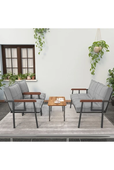 Mygusi Modern Serisi Balkon, Bahçe, Cafe - Metal Kanepe Koltuk Takımı - 2+1+1 Sehpalı - Açık Gri - 2