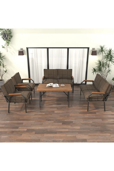 Mygusi Hayal Balkon Bahçe Cafe - Metal Kanepe Koltuk Takımı - 2 2 1 1 - 70x110 Cm Masalı - Kahverengi - 2