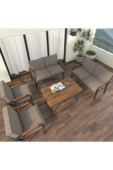 Mygusi Hayal Balkon Bahçe Cafe - Metal Kanepe Koltuk Takımı - 2 2 1 1 - 70x110 Cm Masalı - Cappucino - 3