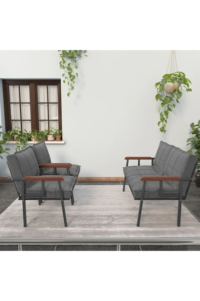 Mygusi Modern Serisi Balkon, Bahçe, Cafe - Metal Kanepe Koltuk Takımı - 2+1+1 - Koyu Gri - 2