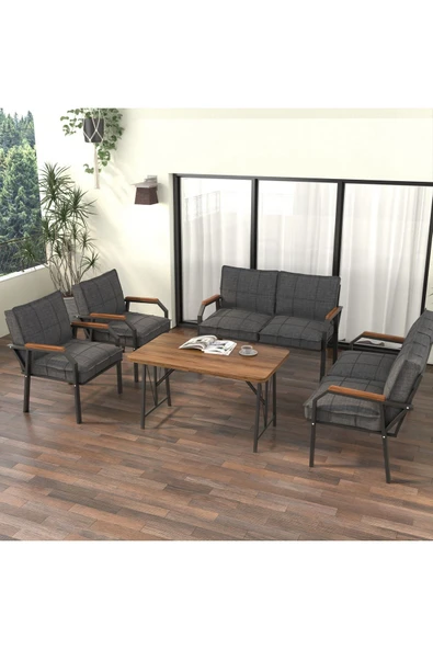 Mygusi Hayal Balkon Bahçe Cafe - Metal Kanepe Koltuk Takımı - 2 2 1 1 - 70x110 Cm Masalı - Koyu Gri - 2