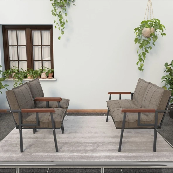Mygusi Modern Serisi Balkon, Bahçe, Cafe - Metal Kanepe Koltuk Takımı - 2+1+1 - Cappucino - 2