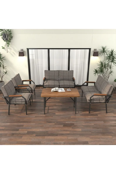 Mygusi Hayal Balkon Bahçe Cafe - Metal Kanepe Koltuk Takımı - 2 2 1 1 - 70x110 Cm Masalı - Cappucino - 2