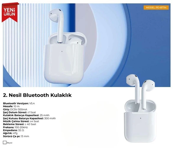 PDAteknoloji PD-BT114 OT 2.Nesil Bluetooth Kulaklık V5.3 - Beyaz - Resim 3