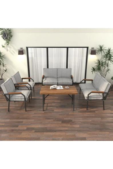 Mygusi Hayal Balkon Bahçe Cafe - Metal Kanepe Koltuk Takımı - 2 2 1 1 - 70x110 Cm Masalı - Açık Gri - 3