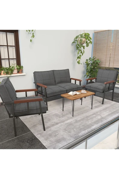 Mygusi Modern Serisi Balkon, Bahçe, Cafe - Metal Kanepe Koltuk Takımı - 2+1+1 Sehpalı - Koyu Gri