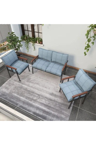 Mygusi Modern Serisi Balkon, Bahçe, Cafe - Metal Kanepe Koltuk Takımı - 2+1+1 - Turkuaz - 2