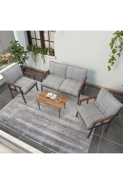 Mygusi Modern Serisi Balkon, Bahçe, Cafe - Metal Kanepe Koltuk Takımı - 2+1+1 Sehpalı - Açık Gri - 3