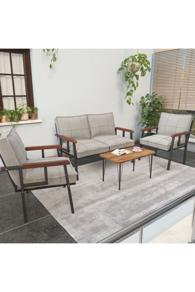 Mygusi Modern Serisi Balkon, Bahçe, Cafe - Metal Kanepe Koltuk Takımı - 2+1+1 Sehpalı - Krem