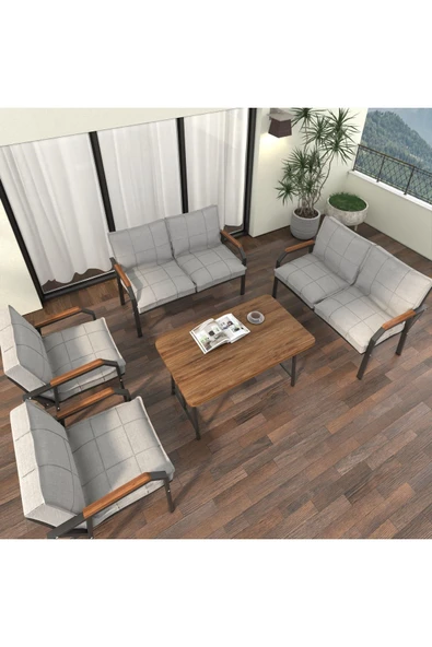 Mygusi Hayal Balkon Bahçe Cafe - Metal Kanepe Koltuk Takımı - 2 2 1 1 - 70x110 Cm Masalı - Açık Gri
