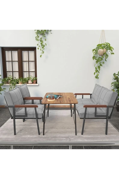 Mygusi Modern Serisi Balkon, Bahçe, Cafe - Metal Kanepe Koltuk Takımı - 2+1+1 60x90cm Masalı - Açık Gri - 2