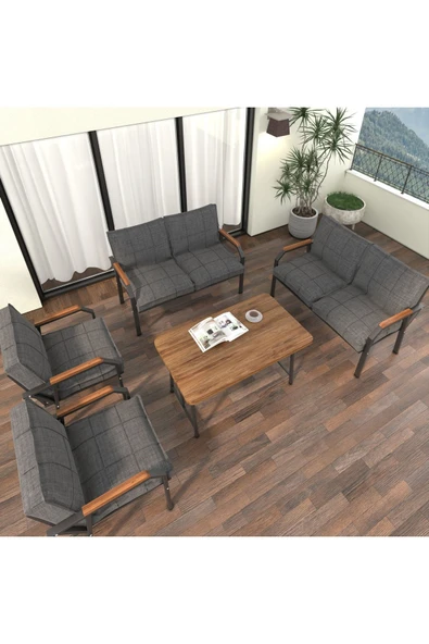 Mygusi Hayal Balkon Bahçe Cafe - Metal Kanepe Koltuk Takımı - 2 2 1 1 - 70x110 Cm Masalı - Koyu Gri - 3