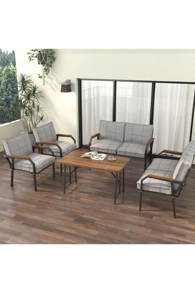 Mygusi Hayal Balkon Bahçe Cafe - Metal Kanepe Koltuk Takımı - 2 2 1 1 - 70x110 Cm Masalı - Açık Gri - 2