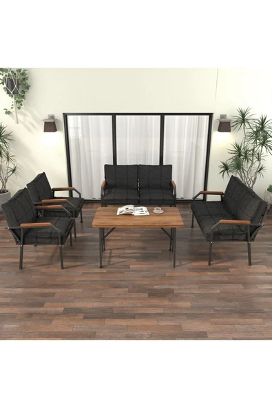 Mygusi Hayal Balkon Bahçe Cafe - Metal Kanepe Koltuk Takımı - 2 2 1 1 - 70x110 Cm Masalı - Antrasit - 2