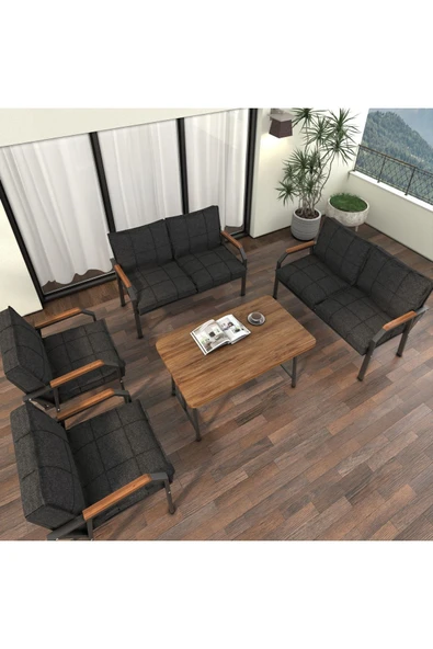 Mygusi Hayal Balkon Bahçe Cafe - Metal Kanepe Koltuk Takımı - 2 2 1 1 - 70x110 Cm Masalı - Antrasit - 3
