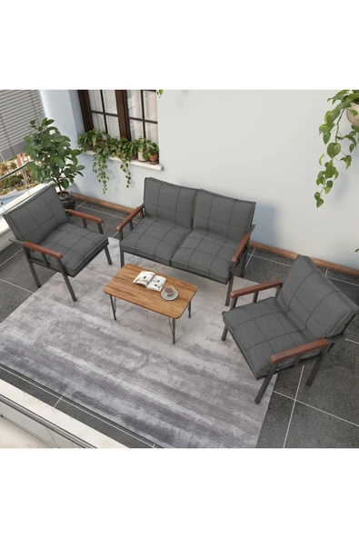 Mygusi Modern Serisi Balkon, Bahçe, Cafe - Metal Kanepe Koltuk Takımı - 2+1+1 Sehpalı - Koyu Gri - 3