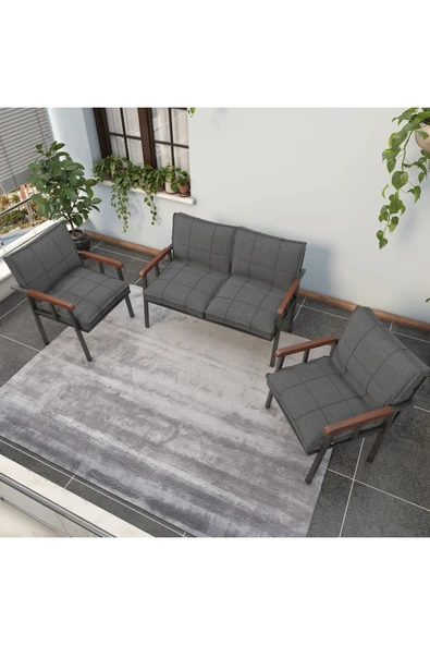 Mygusi Modern Serisi Balkon, Bahçe, Cafe - Metal Kanepe Koltuk Takımı - 2+1+1 - Koyu Gri - 3