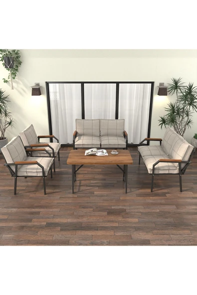 Mygusi Hayal Balkon Bahçe Cafe - Metal Kanepe Koltuk Takımı - 2 2 1 1 - 70x110 Cm Masalı - Krem - 3