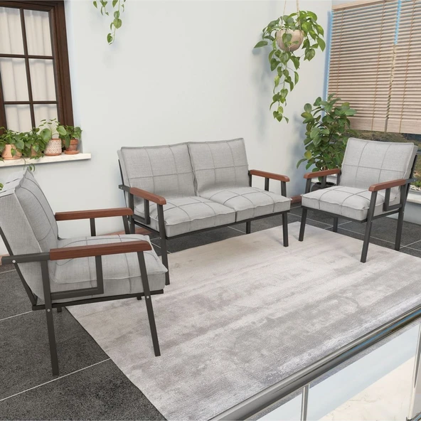 Mygusi Modern Serisi Balkon, Bahçe, Cafe - Metal Kanepe Koltuk Takımı - 2+1+1 - Açık Gri