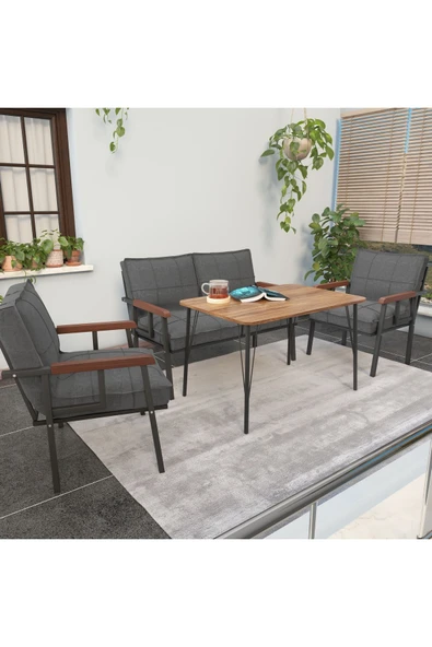 Mygusi Modern Serisi Balkon, Bahçe, Cafe - Metal Kanepe Koltuk Takımı - 2+1+1 60x90cm Masalı - Koyu Gri