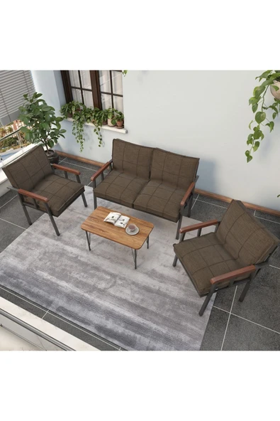 Mygusi Modern Serisi Balkon, Bahçe, Cafe - Metal Kanepe Koltuk Takımı - 2+1+1 Sehpalı - Kahverengi - 3