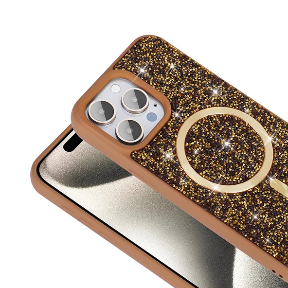 iPhone 15 Pro Kılıf Pırlanta Tasarımlı M-safe Şarj Özellikli Mozaik Silikon Kapak - 6
