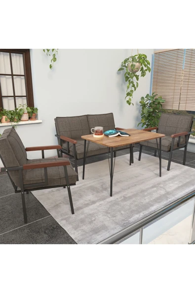 Mygusi Modern Serisi Balkon, Bahçe, Cafe - Metal Kanepe Koltuk Takımı - 2+1+1 60x90cm Masalı - Cappucino