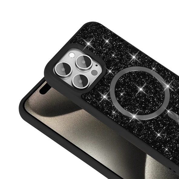 iPhone 15 Pro Kılıf Pırlanta Tasarımlı M-safe Şarj Özellikli Mozaik Silikon Kapak - 5