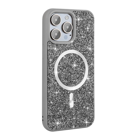 iPhone 15 Pro Kılıf Pırlanta Tasarımlı M-safe Şarj Özellikli Mozaik Silikon Kapak - 10