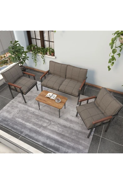 Mygusi Modern Serisi Balkon, Bahçe, Cafe - Metal Kanepe Koltuk Takımı - 2+1+1 Sehpalı - Cappucino - 3