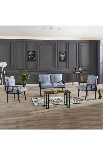 Mygusi Modern Serisi Balkon, Bahçe, Cafe - Metal Kanepe Koltuk Takımı - 2+1+1 Sehpalı - Turkuaz