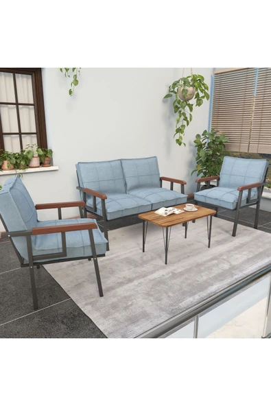 Mygusi Modern Serisi Balkon, Bahçe, Cafe - Metal Kanepe Koltuk Takımı - 2+1+1 Sehpalı - Turkuaz