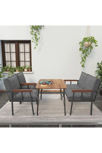 Mygusi Modern Serisi Balkon, Bahçe, Cafe - Metal Kanepe Koltuk Takımı - 2+1+1 60x90cm Masalı - Koyu Gri - 2