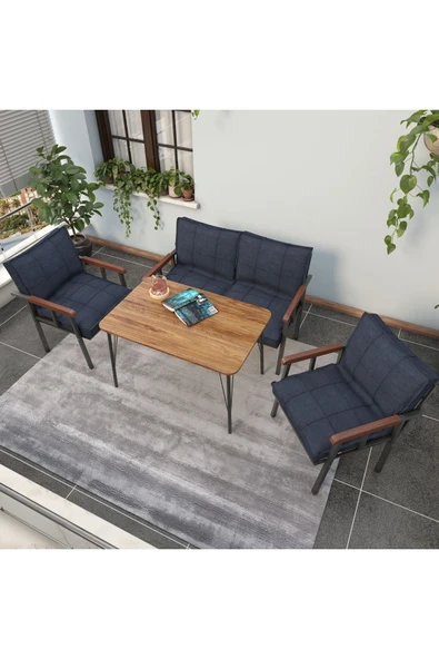 Mygusi Modern Serisi Balkon, Bahçe, Cafe - Metal Kanepe Koltuk Takımı - 2+1+1 60x90cm Masalı - Lacivert - 3