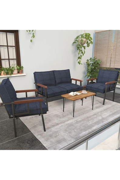Mygusi Modern Serisi Balkon, Bahçe, Cafe - Metal Kanepe Koltuk Takımı - 2+1+1 Sehpalı - Lacivert