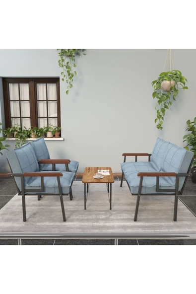 Mygusi Modern Serisi Balkon, Bahçe, Cafe - Metal Kanepe Koltuk Takımı - 2+1+1 Sehpalı - Turkuaz - 3