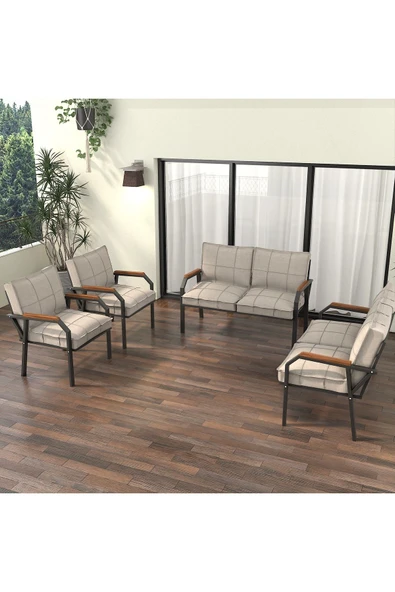 Mygusi Hayal Balkon Bahçe Cafe - Metal Kanepe Koltuk Takımı - 2+2+1+1 - Krem
