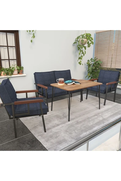 Mygusi Modern Serisi Balkon, Bahçe, Cafe - Metal Kanepe Koltuk Takımı - 2+1+1 60x90cm Masalı - Lacivert