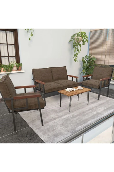 Mygusi Modern Serisi Balkon, Bahçe, Cafe - Metal Kanepe Koltuk Takımı - 2+1+1 Sehpalı - Kahverengi