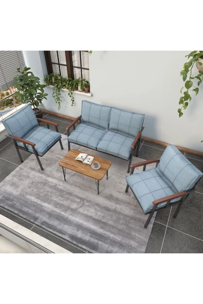 Mygusi Modern Serisi Balkon, Bahçe, Cafe - Metal Kanepe Koltuk Takımı - 2+1+1 Sehpalı - Turkuaz - 2
