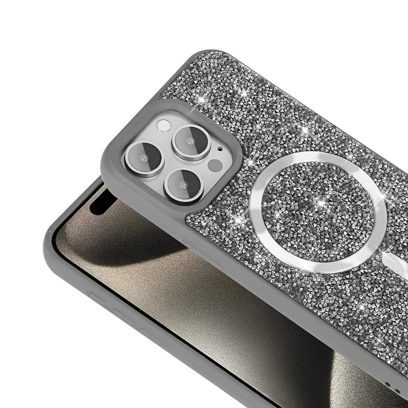 iPhone 15 Pro Kılıf Pırlanta Tasarımlı M-safe Şarj Özellikli Mozaik Silikon Kapak - 7
