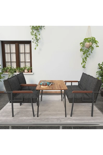 Mygusi Modern Serisi Balkon, Bahçe, Cafe - Metal Kanepe Koltuk Takımı - 2+1+1 60x90cm Masalı - Antrasit - 2